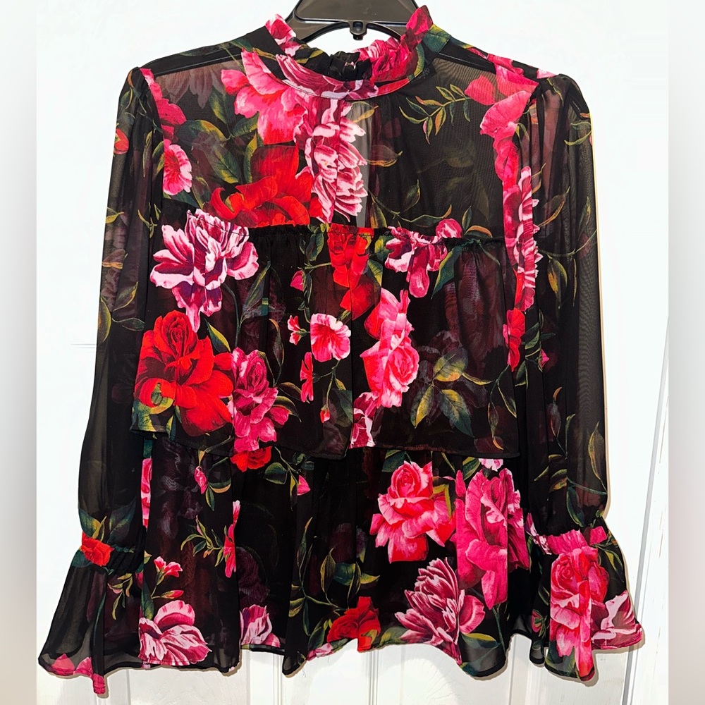 New York & Company Floral Long Sleeve Sheer Blouse